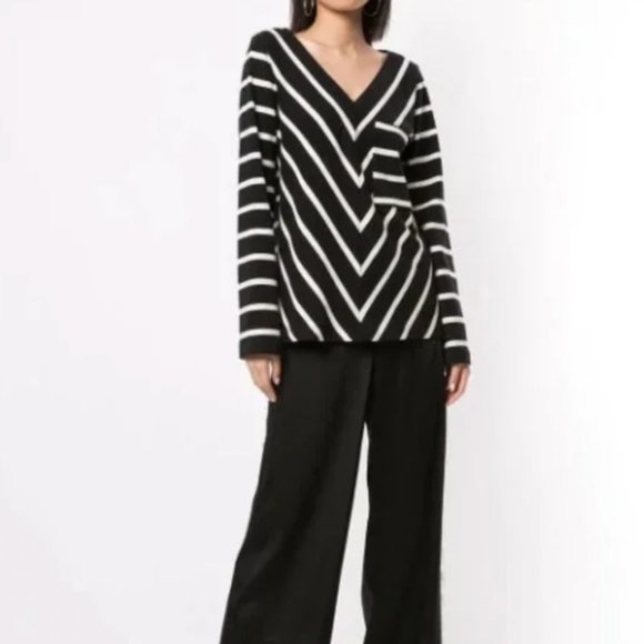 Goen.J Black & White Scarf Striped Jersey Top Oversized V Neck Chevron Sz Small - Picture 2 of 11